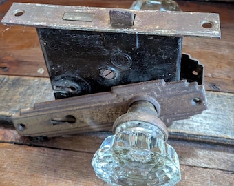 Vintage Crystal Glass Doorknob and Mortise Lock Set with Two Metal Back Plates