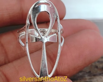 Anillo Ankh con jeroglífico egipcio, joyería bohemia vintage, cruz Ankh martillada en plata de ley 925