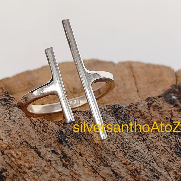 Sterling Silver Parallel Bar Ring, Modern Open Ring, Adjustable