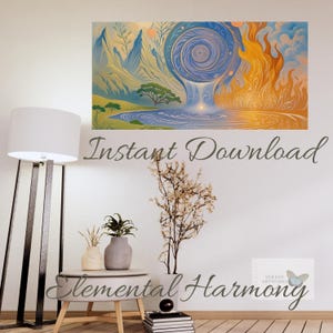 Armonia Elementale – Decorazione murale con natura astratta, quattro elementi, illustrazione di paesaggio mistico, decorazione fuoco, acqua, terra e aria, download immediato