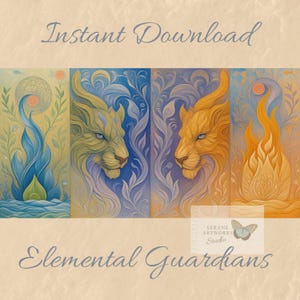 Elemental Guardians – Four Elements Wall Art, Lion Spirits of Earth Air Fire Water, Mystical Nature Poster, Fantasy Print, Instant Download