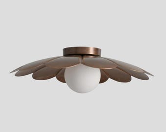 Mid Century Brass Petal Shade Flush Mount - Minimalist Opal Glass Globe
