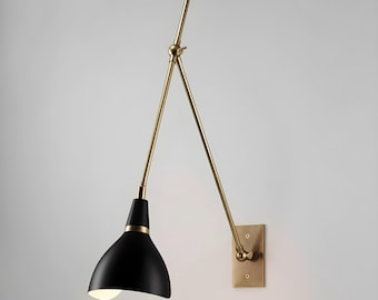 Mid Century Modern Wall Lamp – Adjustable Brass Swing Arm Sconce – Articulating White Shade Wall Light – Vintage Style Reading Light Fixture
