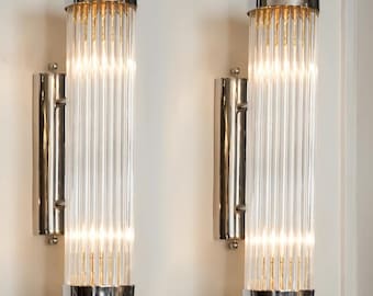 Italian Murano Glass Wall Lights Pair, Chrome Brass Arm Sconce, IP44 Bathroom Light, Stilnovo Style, Modern Badroom  Lighting, Ribbed Glass