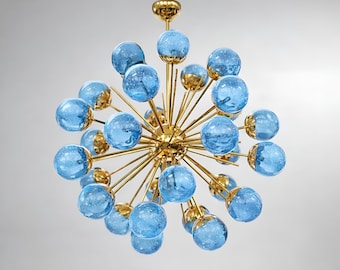 Stilnovo Styles Blå Murano Glaskulor 1950-talets Sputnik Mässing Italiensk Taklampa Belysning