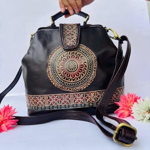 Hand Tooled Leather Mandala Shoulder Bag: Ethnic Folk Art Tote
