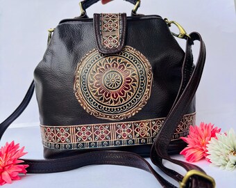 Hand Tooled Leather Mandala Shoulder Bag: Ethnic Folk Art Tote
