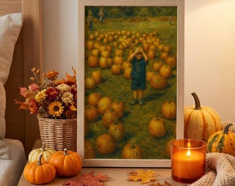 Impresión artística de pintura al óleo infantil de Pumpkin Patch: Escena otoñal caprichosa (descarga digital)