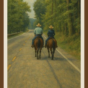 田舎道を行く乗馬者たちの絵画 | 田舎の旅のウォールアート | デジタルダウンロード