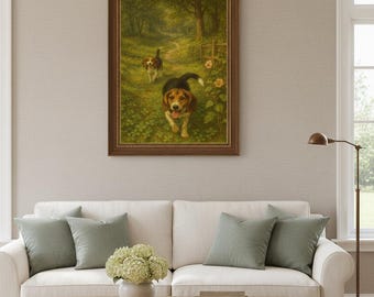 Impresión artística de Beagle: Pintura al óleo de perro del bosque, retrato rústico de mascota (descarga digital)
