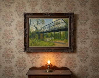 Vintage Iron Bridge Oil Painting | River Landscape Wall Art | Rustic Country Decor | Digital Download