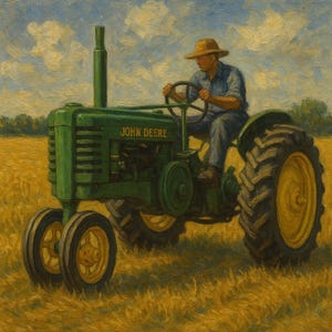 John Deere Tractor in Golden Field – Rustic Farm Oil Painting Printable Wall Art | Vintage Green Tractor | Country Landscape Download