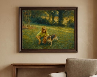 小さな女の子のオリジナル絵画、ビーグル犬のヴィンテージアート、動物