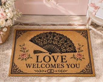 Love Welcomes You Doormat,Lace Fan Welcome Mat,Romantic Front Porch Decor,Bridal Shower Gift,Wedding Welcome