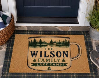 Personalized Lake Camp Doormat,Camping Mug Welcome Mat,Rustic Cabin Porch Decor,Housewarming Gift,Lake House Mat