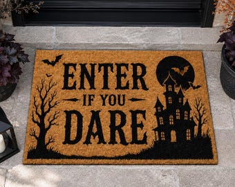 Enter If You Dare Doormat,Halloween Haunted House Door Mat,Spooky Bat Porch Mat,Gothic Entryway Decor,Haunted Home Gift