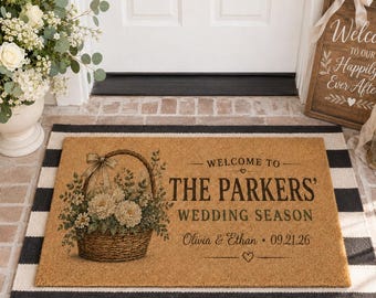 Personalized Wedding Season Doormat,Floral Basket Welcome Mat,Front Porch Decor,Couple Entryway Gift