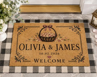 Personalized Wedding Doormat,Petal Basket Welcome Mat,Couple Front Porch Decor,Bridal Shower Gift,Date Mat