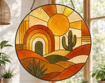 Boho Desert Suncatcher,Rainbow Cactus Window Hanging,Southwestern Stained Glass Style Decor,Sunset Desert Ornament,Cactus Lover Gift
