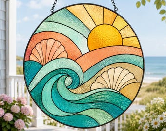 Coastal Wave Suncatcher,Ocean Sunset Window Hanging,Beach Stained Glass Style Decor,Seashell Sun Catcher,Beach House Gift