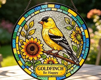 Goldfinch Suncatcher,Sunflower Bird Ornament,Be Happy Stained Glass Look Acrylic Sign,Yellow Bird Gift,Garden Window Decor
