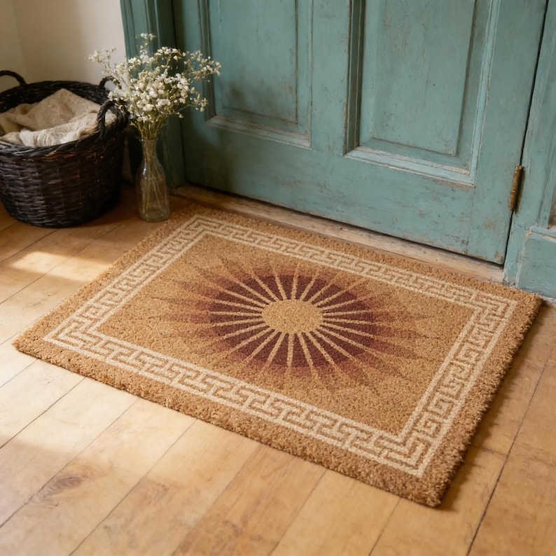 May include: Rectangular doormat with a sunburst design in shades of brown and tan. The sunburst is centered within a Greek key border. The mat is made of a natural fiber material and is placed in front of a teal door.