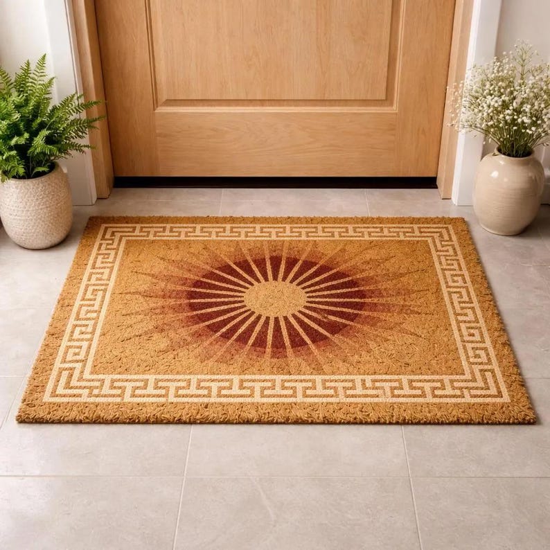 May include: Rectangular doormat with a sunburst design in shades of brown and tan. The center features a dark brown sun with radiating lines, surrounded by a lighter brown border with a Greek key pattern. The mat is placed in front of a wooden door.