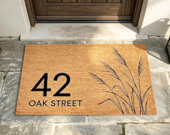 Custom House Number Doormat,Personalized House Number Mat,Minimalist Pampas Grass Welcome Mat,Neutral Address Entryway Mat,Housewarming Gift