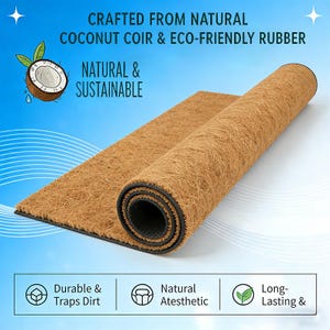 May include: A rolled-up brown doormat made from coconut coir and eco-friendly rubber. The mat has a black border and the text "CRAFTED FROM NATURAL COCONUT COIR & ECO-FRIENDLY RUBBER" is visible. Additional text includes "NATURAL & SUSTAINABLE".