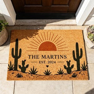 Custom Cactus Desert Doormat,Personalized Last Name Welcome Mat,Boho Southwest Entry Mat,Saguaro Sunset Decor,Housewarming Gift Idea