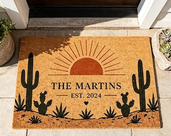 Custom Cactus Desert Doormat,Personalized Last Name Welcome Mat,Boho Southwest Entry Mat,Saguaro Sunset Decor,Housewarming Gift Idea