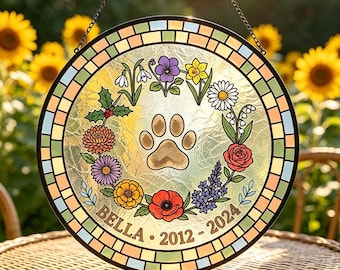 Custom Pet Memorial Suncatcher,Birth Flower Paw Print Window Hanging,Personalized Pet Loss Gift,Custom Name & Dates Floral Wreath Window