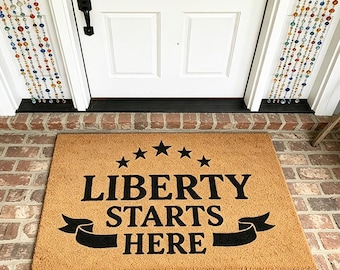 Liberty Starts Here Doormat,Patriotic Welcome Mat,American Heritage Entryway Mat,Stars and Banner Porch Decor,Freedom Lover Gift
