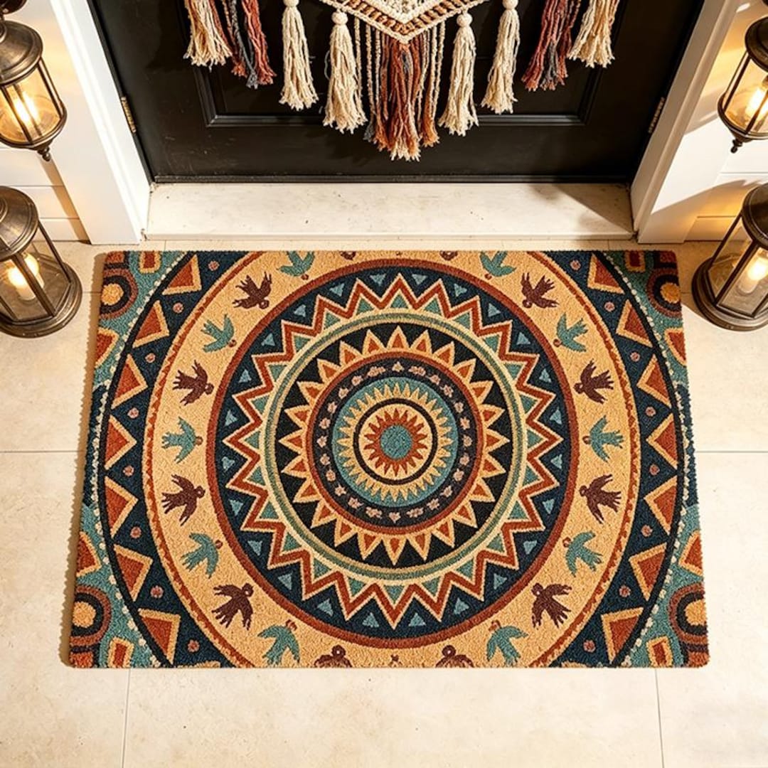 Southwestern Mandala Sun & Bird Coir Doormat,tribal Aztec Geometric ...