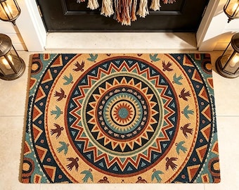 Southwestern Mandala Sun & Bird Coir Doormat,Tribal Aztec Geometric Entryway Mat,Native American Style Front Door Mat,Boho Housewarming Gift