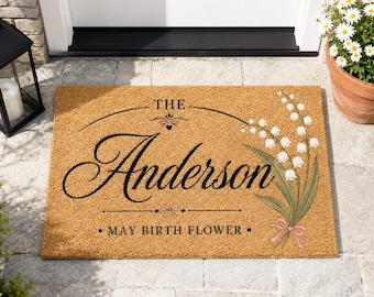 Custom May Birth Flower Lily Of The Valley Family Doormat,Personalized Family Welcome Mat,Front Porch Entry Decor,Housewarming Gift