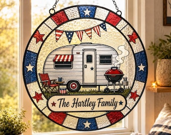 Independence Day Custom Family Camper BBQ Suncatcher, July 4th Window Hanging,Patriotic Window Decor,Americana Gift