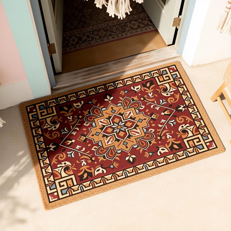 Boho Ethnic Doormat,persian Style Welcome Mat,aztec Floral Front Door ...