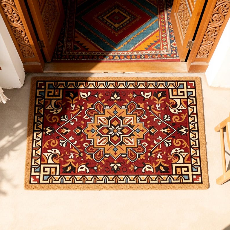 Boho Ethnic Doormat,persian Style Welcome Mat,aztec Floral Front Door ...