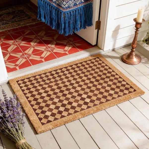 Checkerboard Diamond Coir Doormat,Harlequin Pattern Welcome Mat,Modern Entryway Mat, Minimalist Front Porch Decor,Housewarming Gift Idea