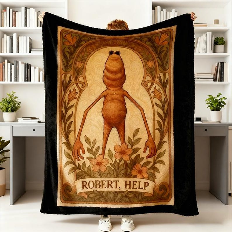 Puede incluir: Una manta negra con una ilustraci&oacute;n central de una figura antropom&oacute;rfica marr&oacute;n con brazos largos y gafas de sol, rodeada de elementos florales. El texto "ROBERT, HELP" se muestra en la parte inferior. La manta tiene un borde negro.