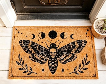 Death's Head Moth Doormat,Celestial Moon Phases Welcome Mat,Witchy Skull Moth Mat,Gothic Cottagecore Decor,Mystical Nature Entryway