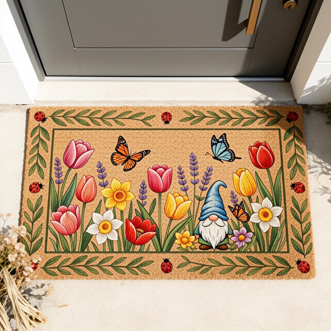 Spring Flowers Gnome Doormat,wildflower Coir Welcome Mat,spring Floor ...