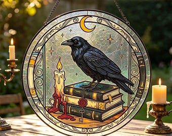 Gothic Raven Suncatcher,Dark Academia Crow Ornament,Stained Glass Look Acrylic Sign,Witchy Moon Decor,Mystery Book Lover Gift,Bird Art