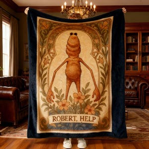 May include: A navy blue blanket with a central illustration of a stylized figure and the text "ROBERT, HELP". The artwork is framed by floral and arched design elements in beige, brown, and green. The blanket is held up by a person wearing white trainers.