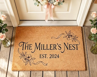 Custom Family Nest Doormat,Personalized Floral Welcome Mat,Est Year Name Entryway Mat,Wedding Gift,New Home Housewarming Gift Ideas