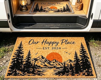 Custom Mountain Sunset Doormat,Personalized Camping Welcome Mat,Our Happy Place Established Mat,Adventure RV Decor,Housewarming Gift
