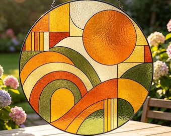 Abstract Mid-Century Arch Shapes Suncatcher,Retro 70s Window Hanging,Light Catching Window Decor,Gift For Home