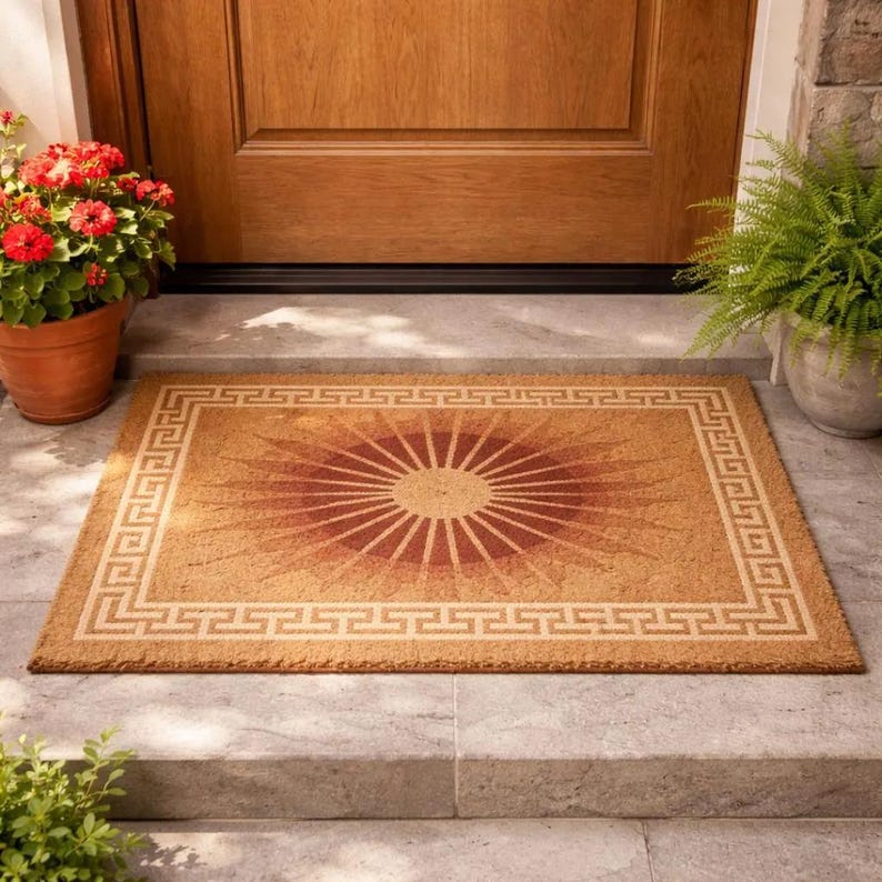 May include: Rectangular coir doormat with a sunburst design in shades of brown and tan. The sunburst radiates from the center, surrounded by a Greek key border. The mat is placed on a concrete surface in front of a wooden door.
