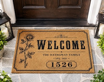 Personalized Rose Family Name Doormat,Custom Address Welcome Mat,Vintage Floral Entryway Mat,Housewarming Gift,Wedding Gift For Couples